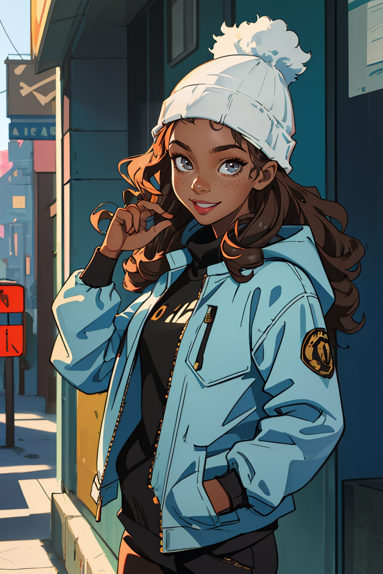 00240-436864973-(best quality, masterpiece), 1girl, beanie, jacket, winter, curly hair, wavy hair, dark skin, freckles, looking at viewer, smile.png